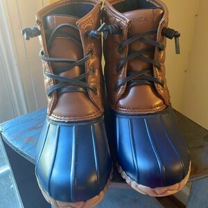 Nautica Dorsay Duck Boots - Navy & Brown side zip & lace up size 7 NWOT